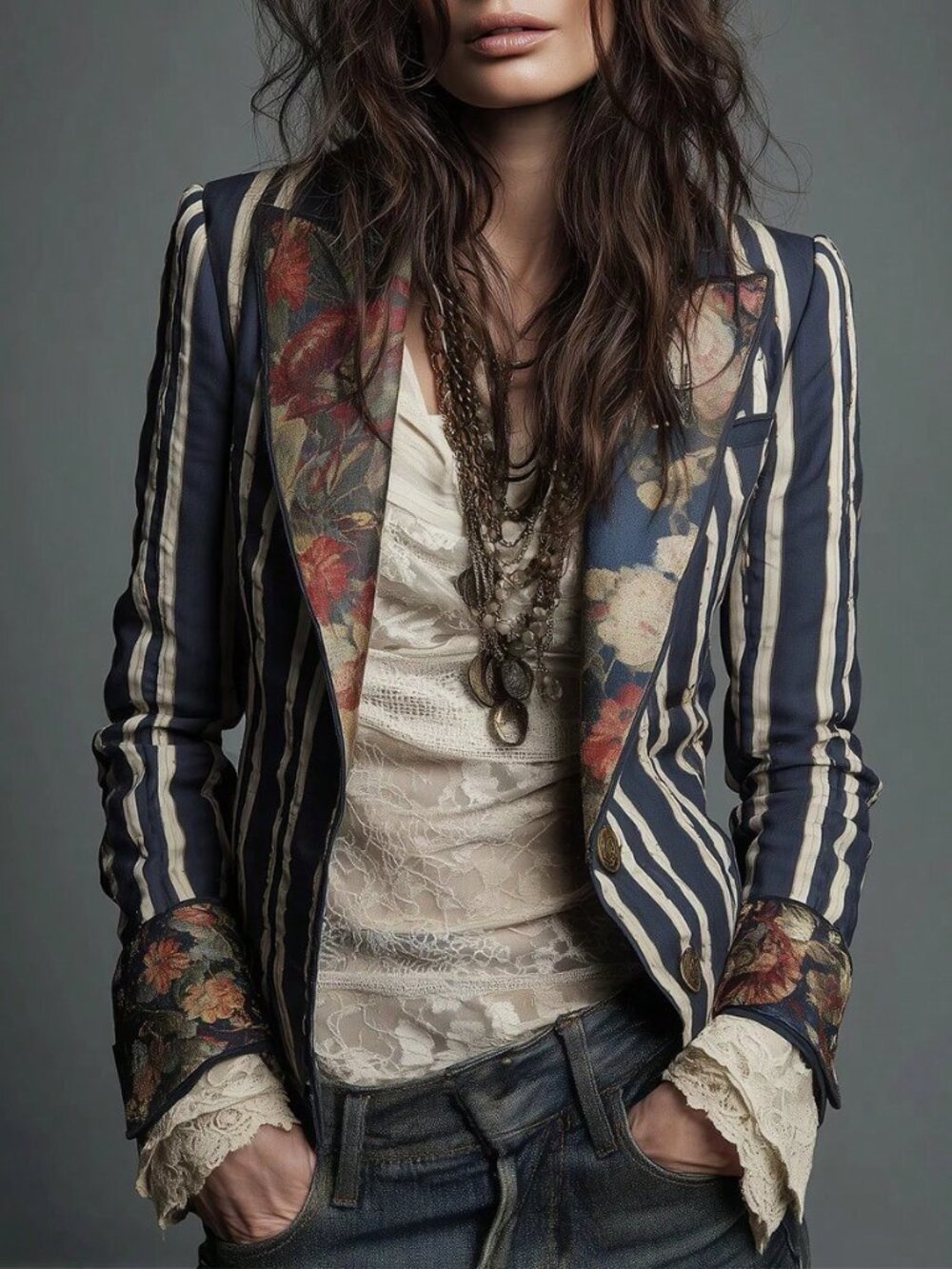 Blue Elegant Women's Boho Striped Blazer Contrast Color Blazer Jacket